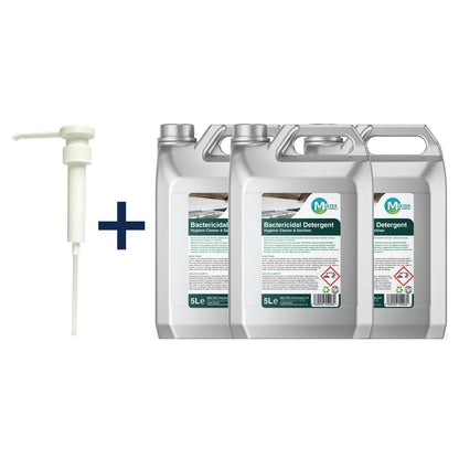 Three containers of bactericidal detergent with a free pump on a white background