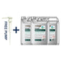 Three containers of bactericidal detergent with a free pump on a white background