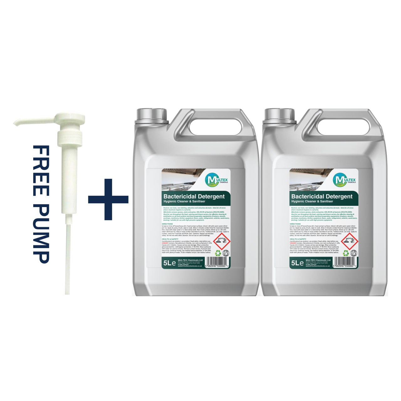 Two containers of bactericidal detergent with a free pump on a white background