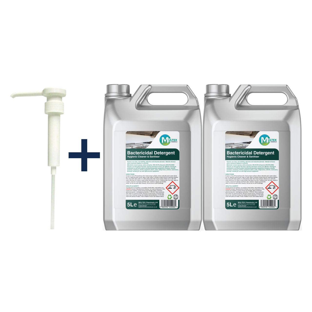 Two containers of bactericidal detergent with a free pump on a white background