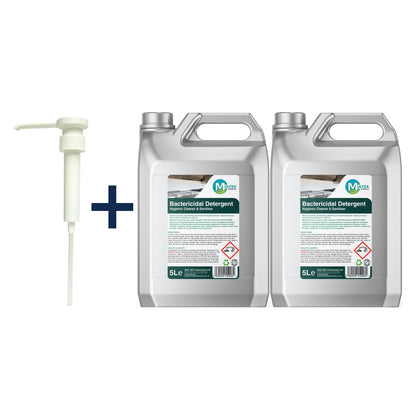 Two containers of bactericidal detergent with a free pump on a white background