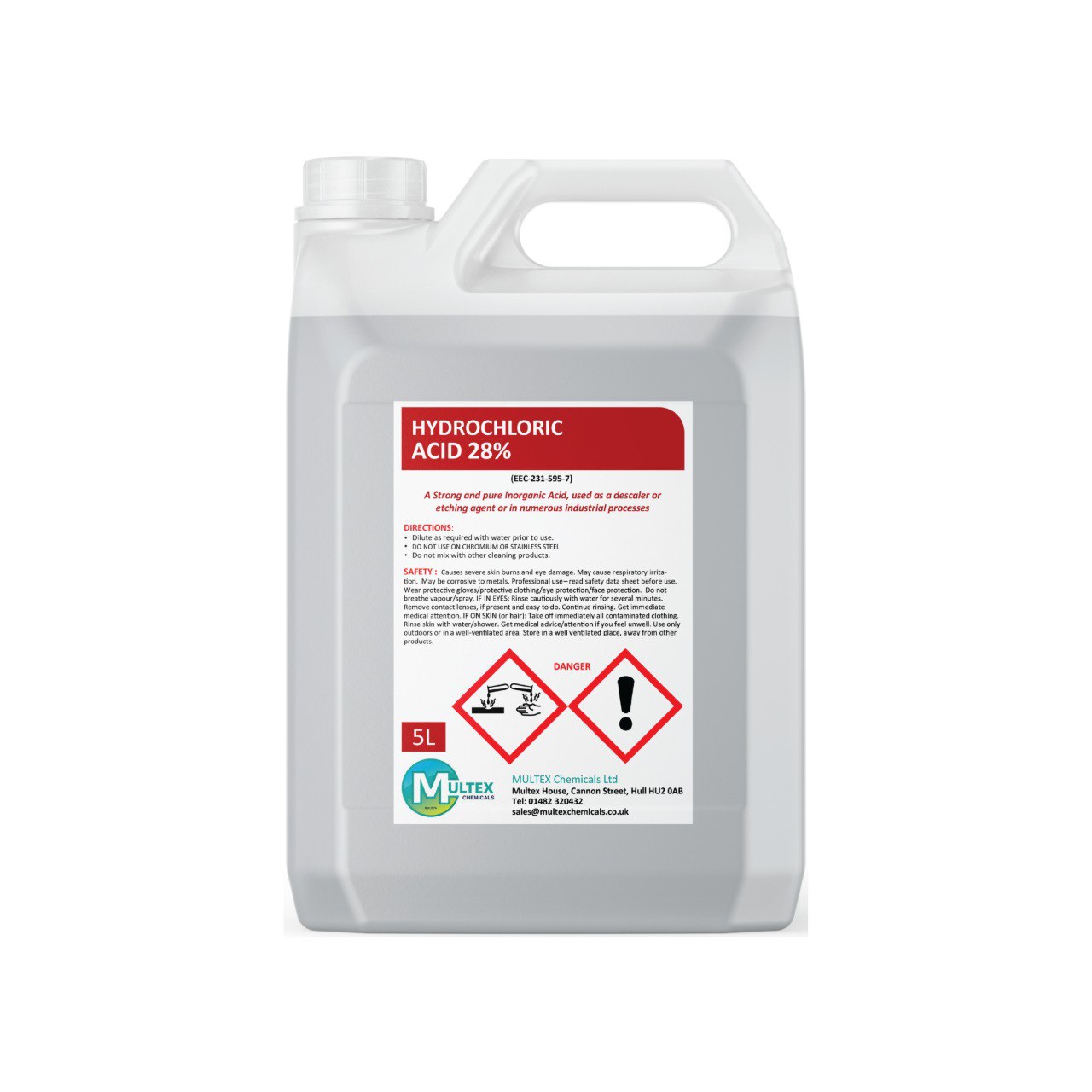 Multex Hydrochloric Acid 28% 5L - Heavy-duty descaler and concrete etching agent for industrial use.