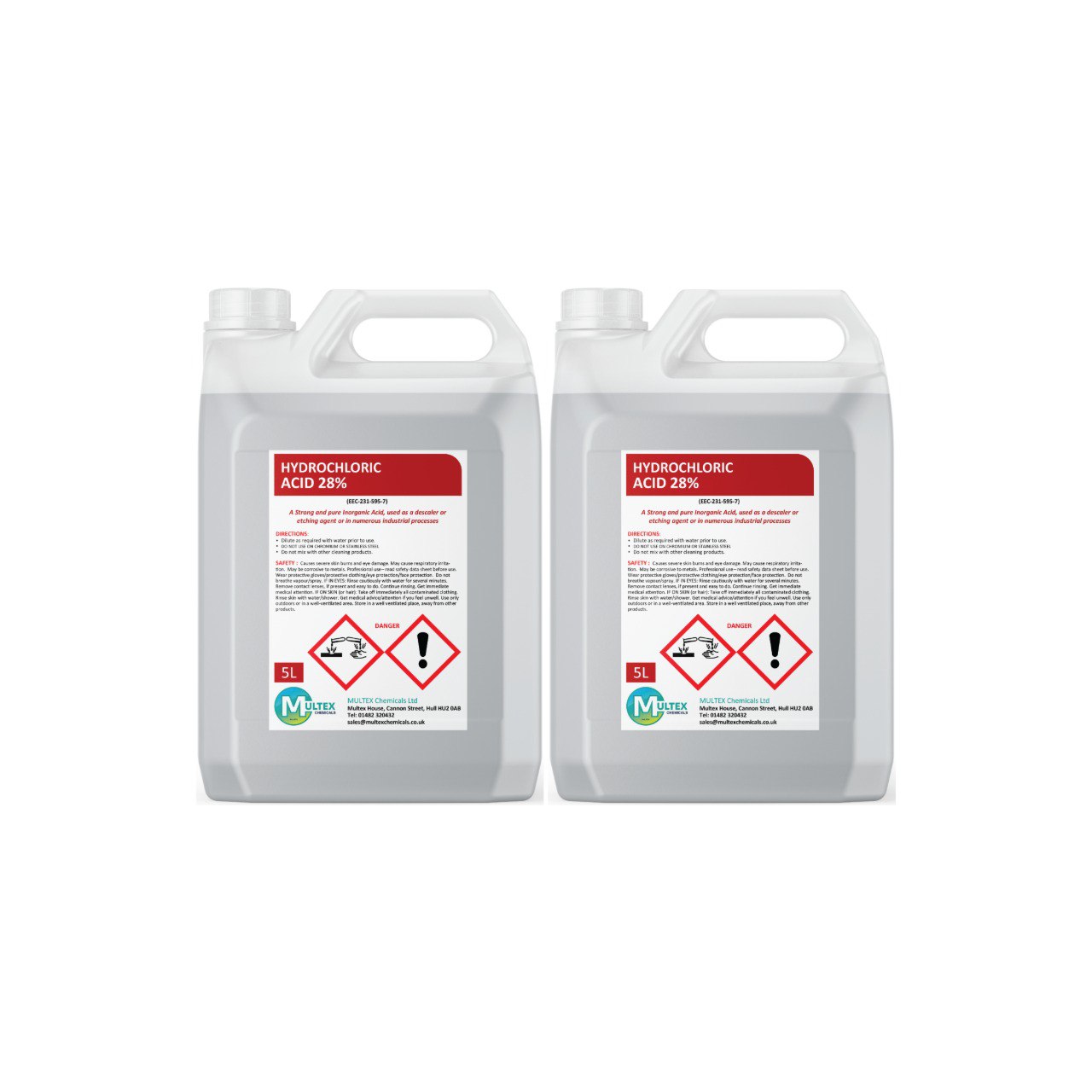 Multex Hydrochloric Acid 28% 5L - Heavy-duty descaler and concrete etching agent for industrial use.