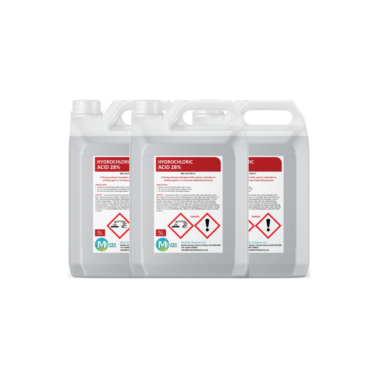 Multex Hydrochloric Acid 28% 5L - Heavy-duty descaler and concrete etching agent for industrial use.