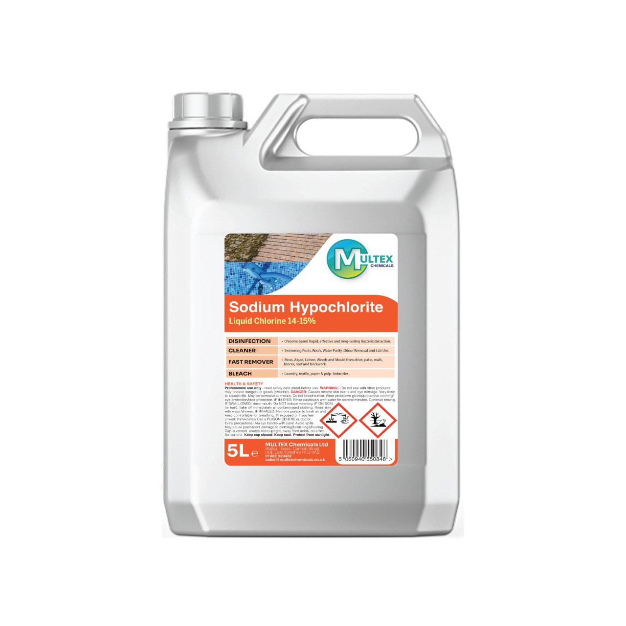 Multex Sodium Hypochlorite 14-15% 25L - High-strength liquid chlorine for industrial water treatment and surface cleaning.