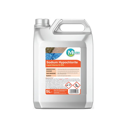 Multex Sodium Hypochlorite 14-15% 25L - High-strength liquid chlorine for industrial water treatment and surface cleaning.
