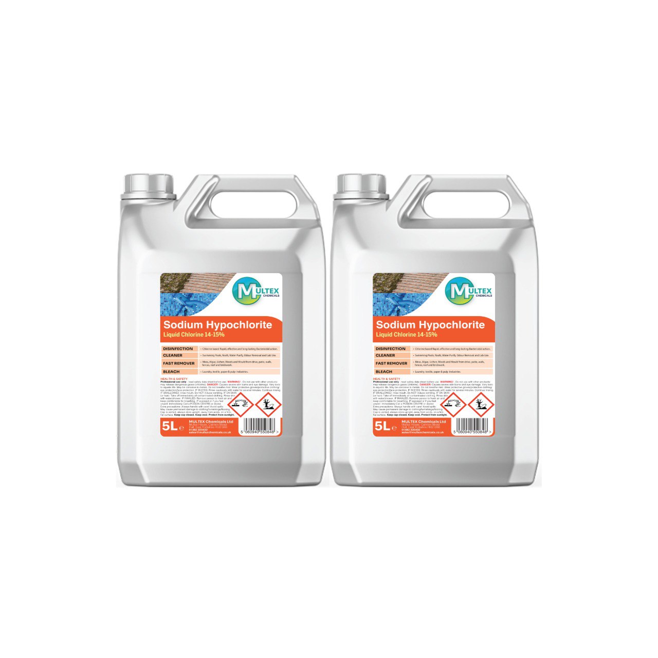 Multex Sodium Hypochlorite 14-15% 25L - High-strength liquid chlorine for industrial water treatment and surface cleaning.
