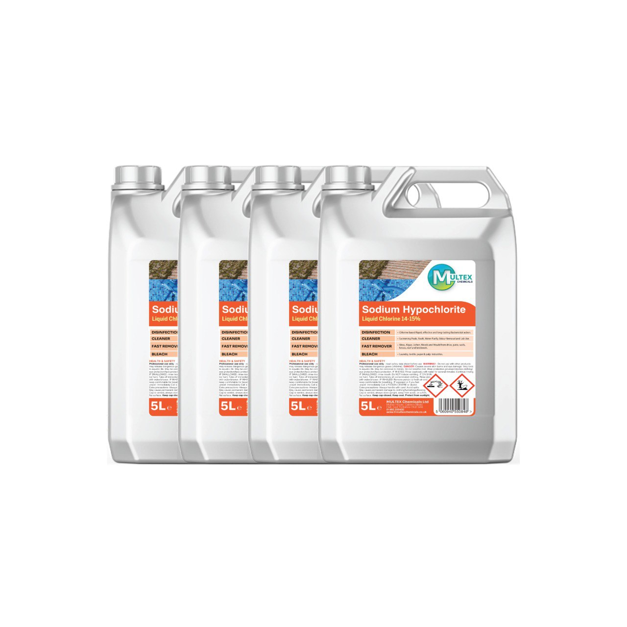 Multex Sodium Hypochlorite 14-15% 25L - High-strength liquid chlorine for industrial water treatment and surface cleaning.