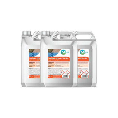 Multex Sodium Hypochlorite 14-15% 25L - High-strength liquid chlorine for industrial water treatment and surface cleaning.