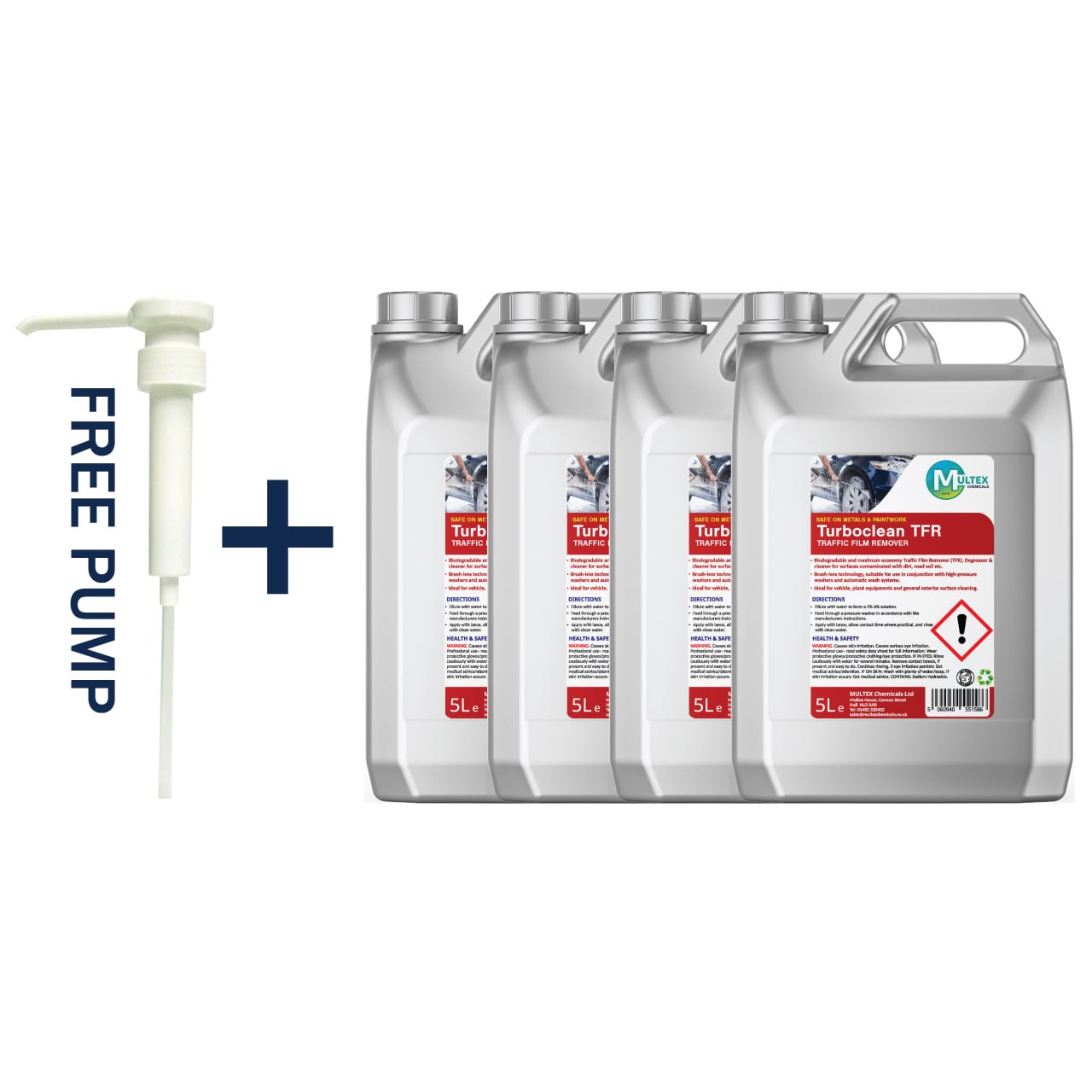 Turboclean TFR Traffic Film Remover and Degreaser by Multex Chemicals, 5L high-strength vehicle washing concentrate container with trade pouring grip.