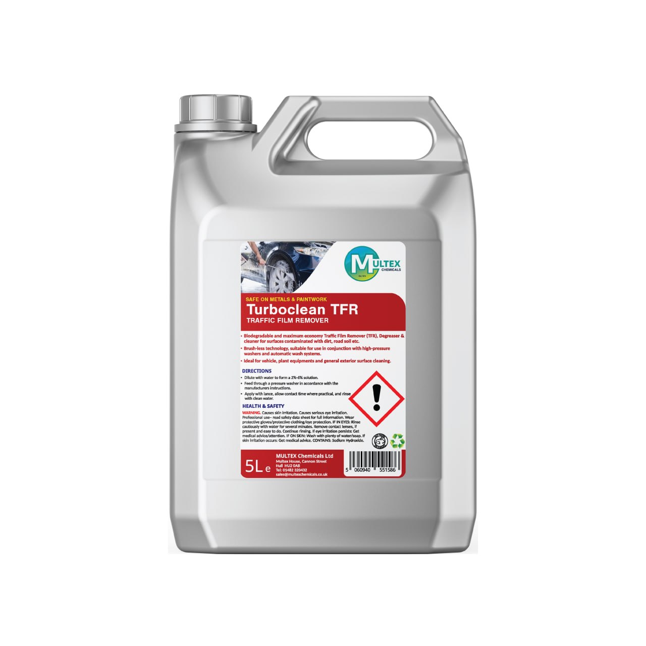 Turboclean TFR Traffic Film Remover and Degreaser by Multex Chemicals, 5L high-strength vehicle washing concentrate container with trade pouring grip.