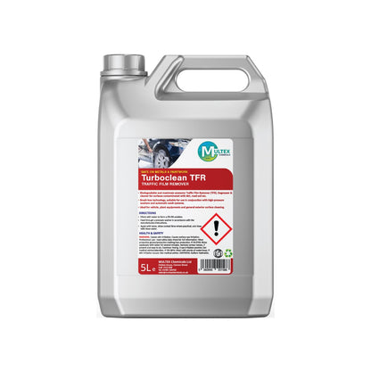 Turboclean TFR Traffic Film Remover and Degreaser by Multex Chemicals, 5L high-strength vehicle washing concentrate container with trade pouring grip.