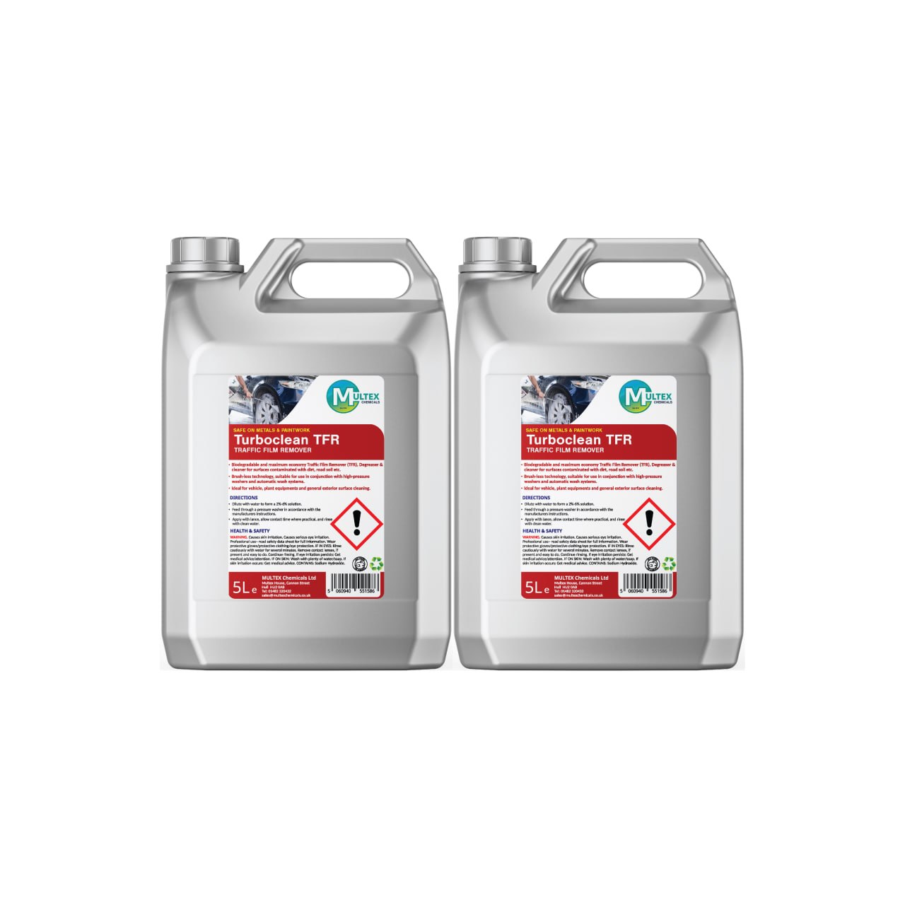 Turboclean TFR Traffic Film Remover and Degreaser by Multex Chemicals, 5L high-strength vehicle washing concentrate container with trade pouring grip.