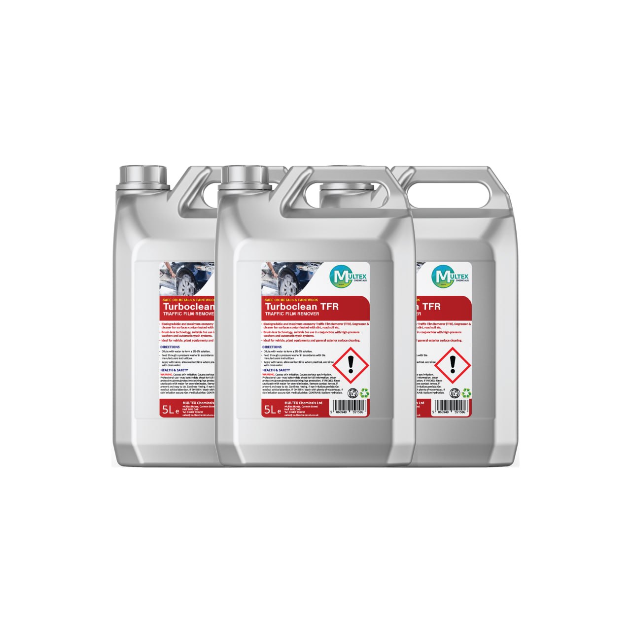 Turboclean TFR Traffic Film Remover and Degreaser by Multex Chemicals, 5L high-strength vehicle washing concentrate container with trade pouring grip.