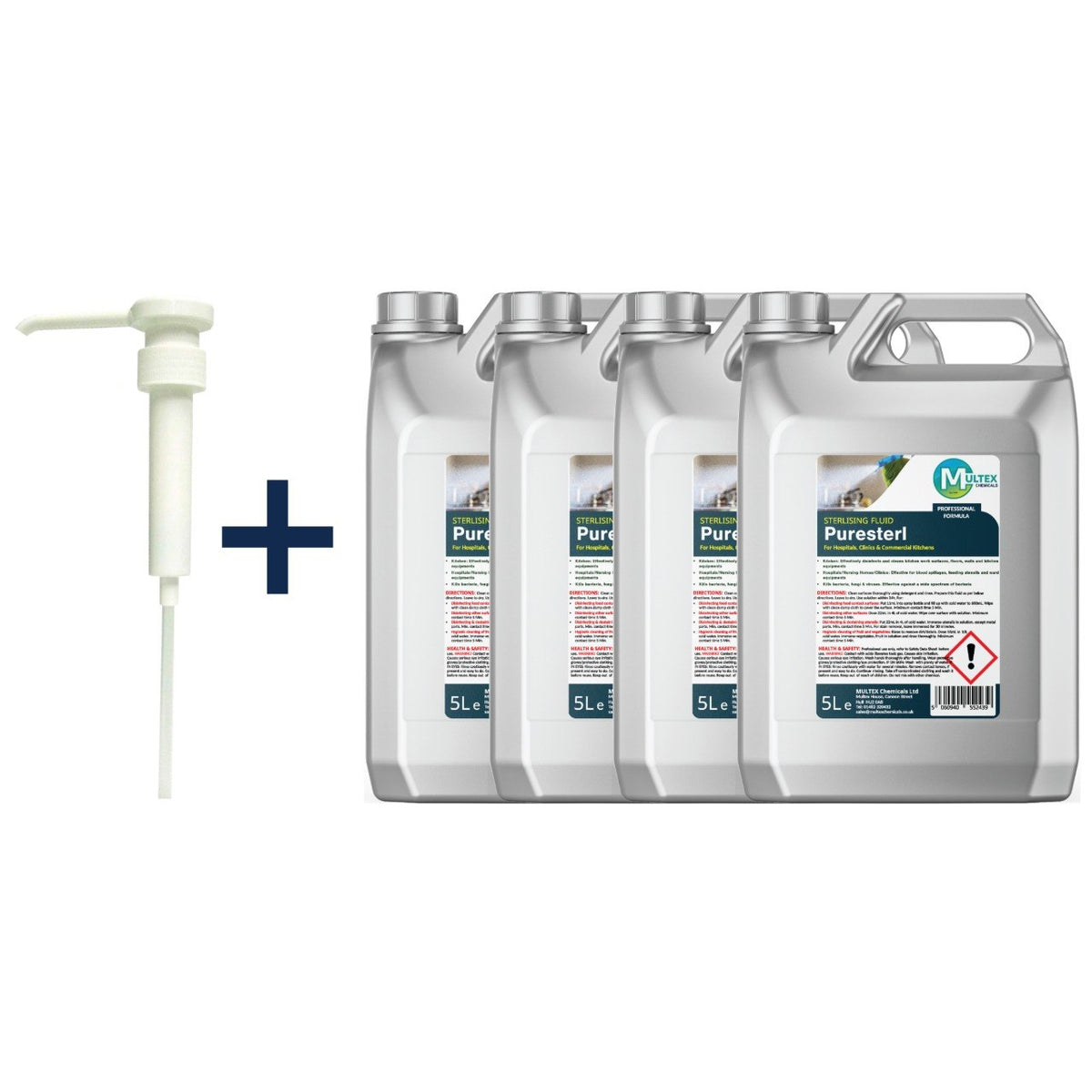 Multex Puresterl sterilising fluid, 4 × 5L bundle with one 38mm dosing pump