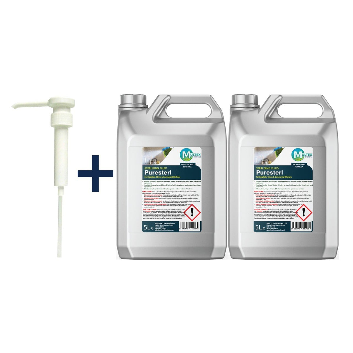 Multex Puresterl sterilising fluid, 2 × 5L bundle with one 38mm dosing pump