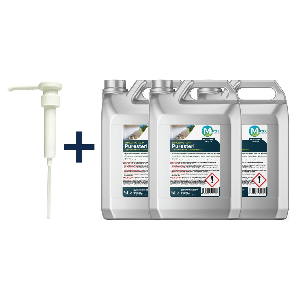 Multex Puresterl sterilising fluid, 3 × 5L bundle with one 38mm dosing pump