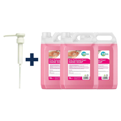 Pink Perfumed Pearl Hand Soap – Luxury Scented Bulk Wash — 3 × 5L bundle + 1 dosing pump (38mm)