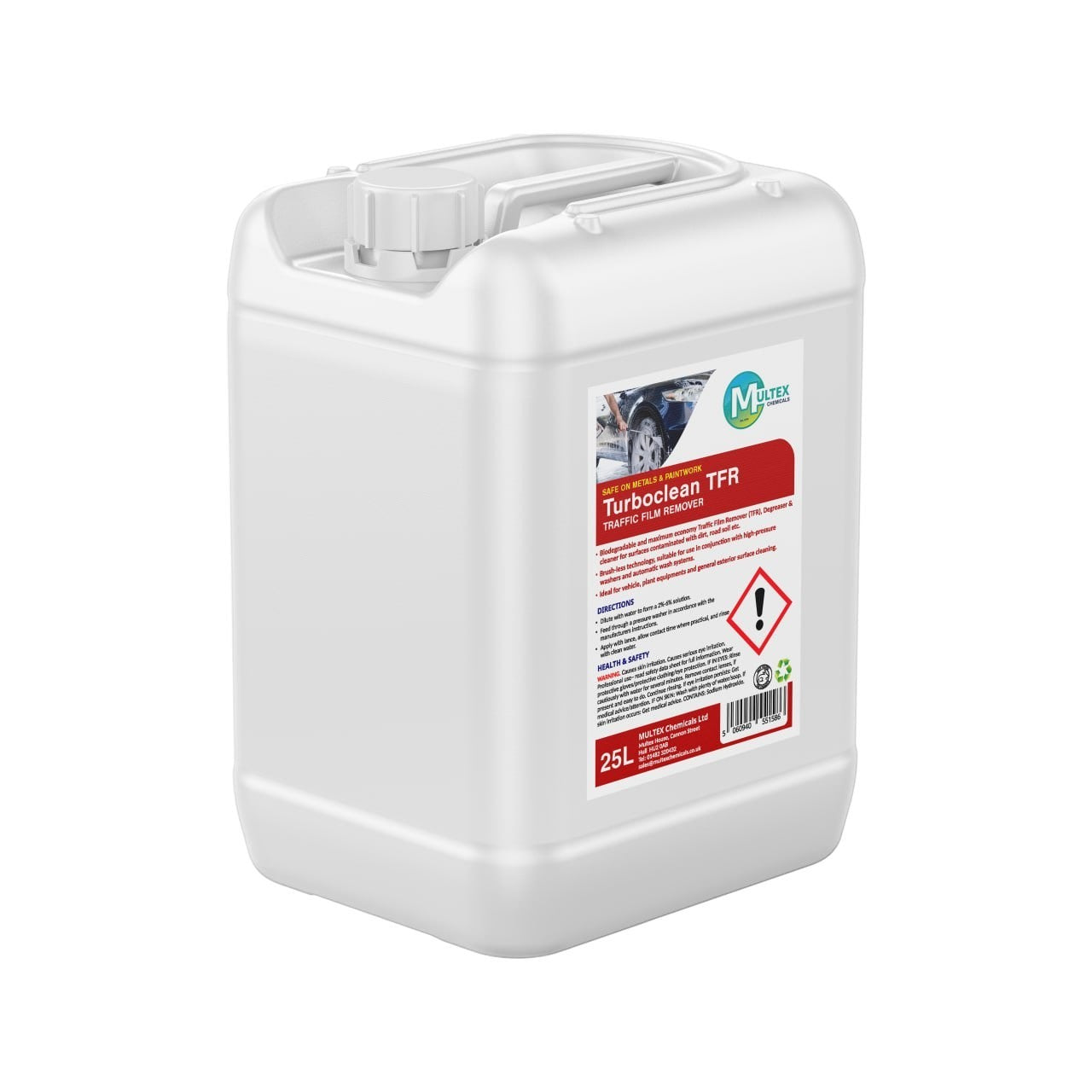 Pro Clean Supply Multex Turboclean TFR 25L white plastic container of professional traffic film remover solution