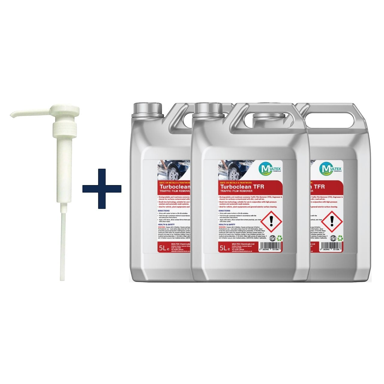 Pro Clean Supply Multex Turboclean TFR cleaning solution in three 5L containers with a white dispensing pump