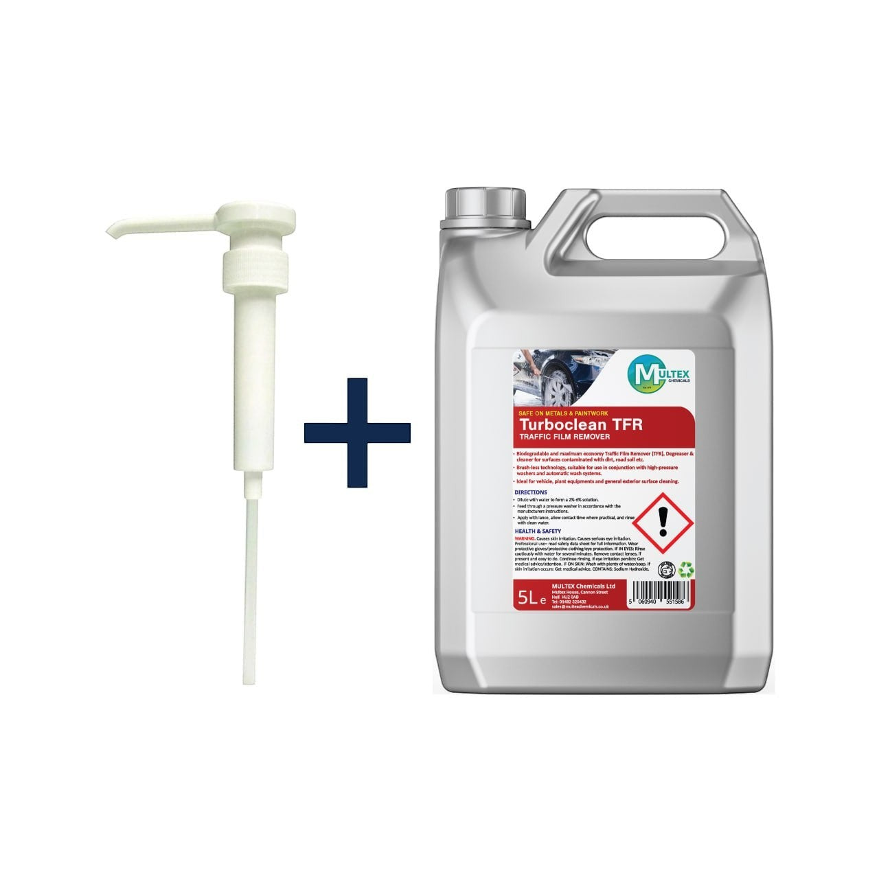 Pro Clean Supply Multex Turboclean TFR 5L cleaning solution bottle with a white pump dispenser for vehicle maintenance