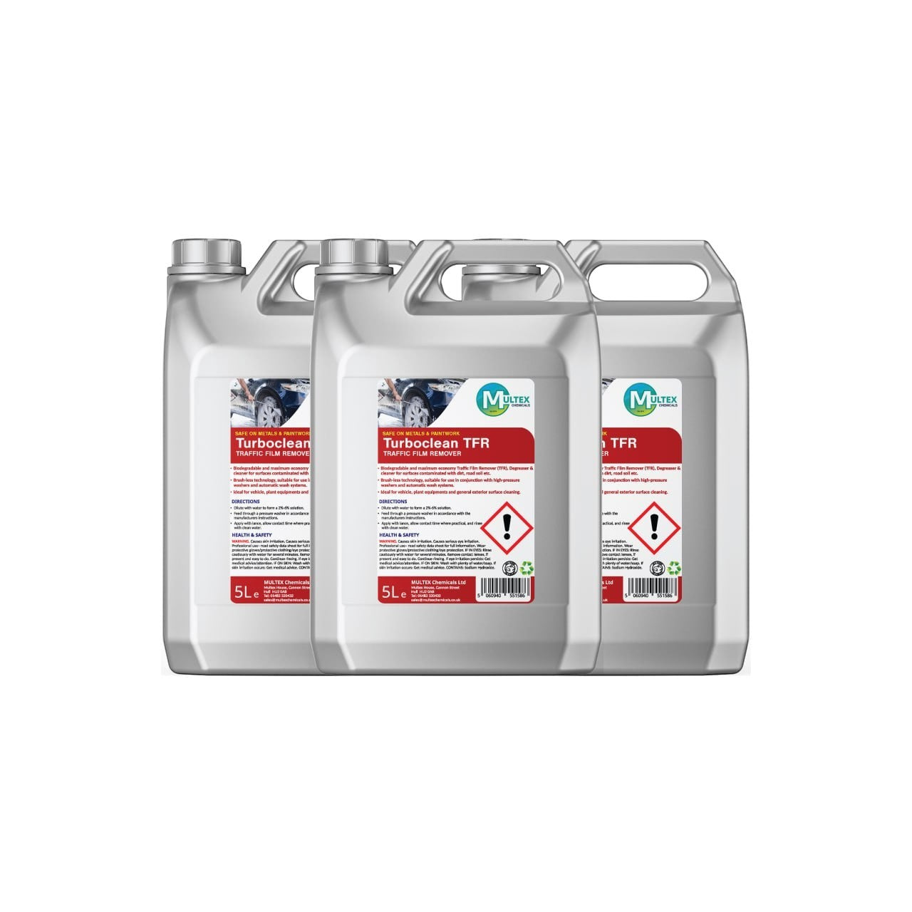 Pro Clean Supply Multex Turboclean traffic film remover in three 5L containers for professional vehicle cleaning.