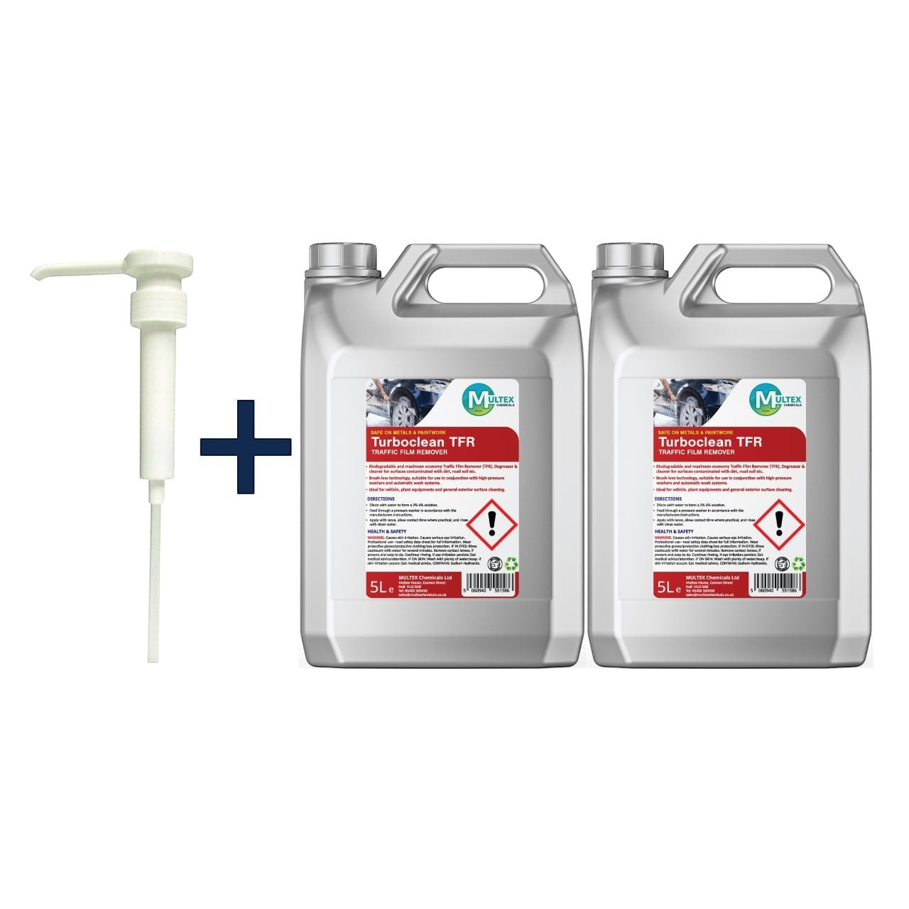 Pro Clean Supply Multex Turboclean traffic film remover cleaning solution in two 5L containers with a pump dispenser