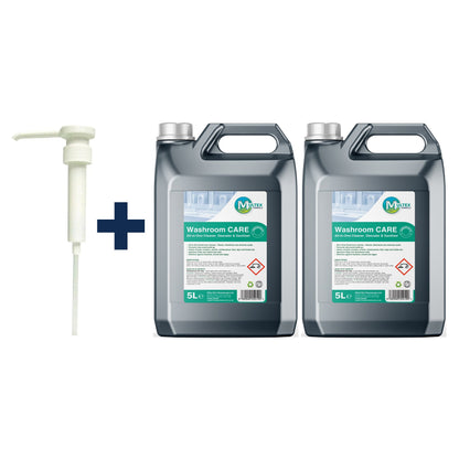 Washroom Care All-in-One Cleaner, Descaler, Sanitiser Concentrate – 5L & 25L — 2 × 5L bundle + 1 dosing pump (38mm)