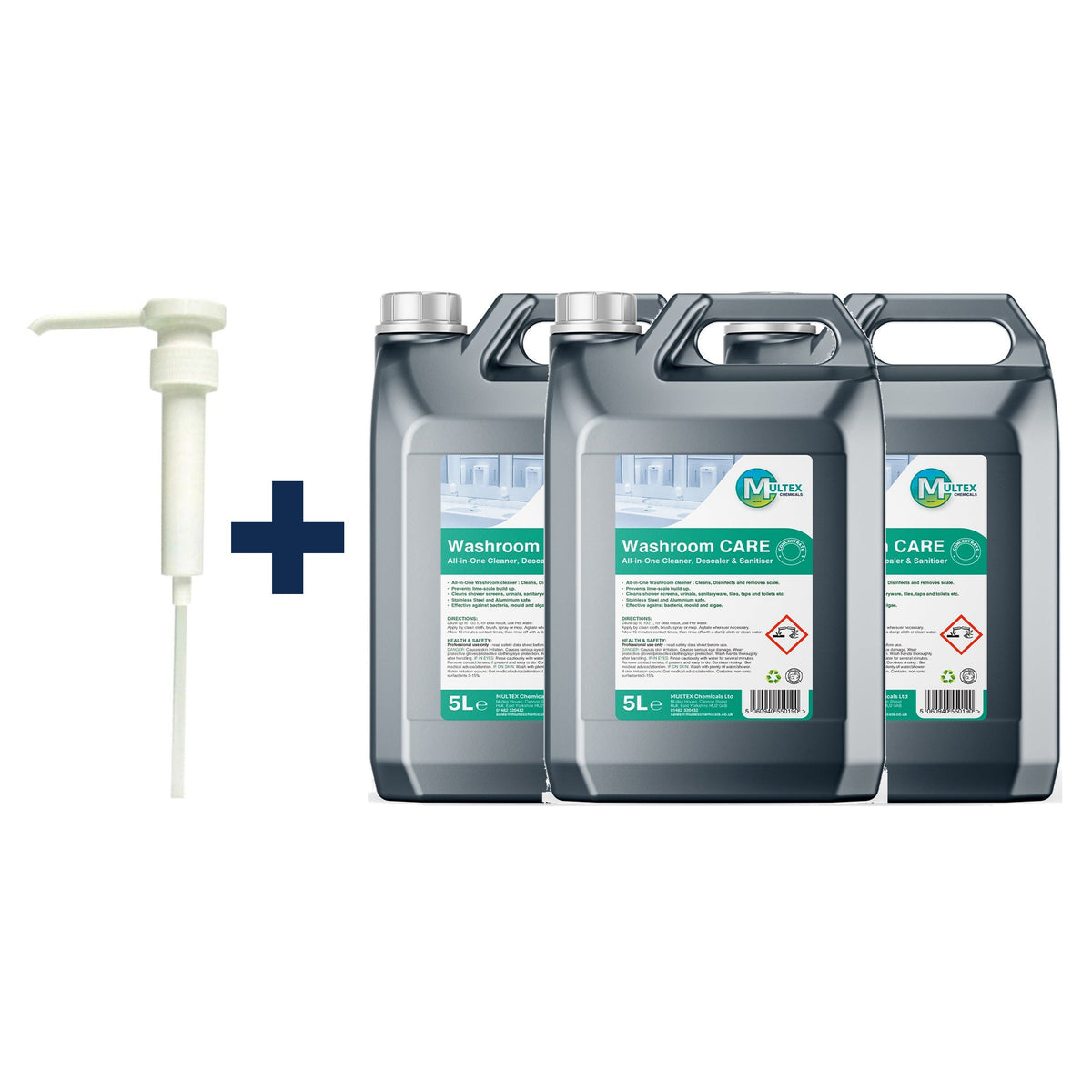 Washroom Care All-in-One Cleaner, Descaler, Sanitiser Concentrate – 5L & 25L — 3 × 5L bundle + 1 dosing pump (38mm)